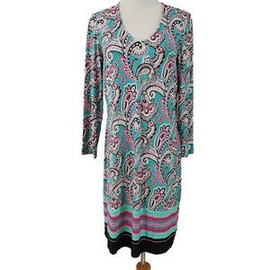 Pappagallo Eden Shift Dress size S Paisley Aqua Stretch 3/4 Sleeve V-nec…